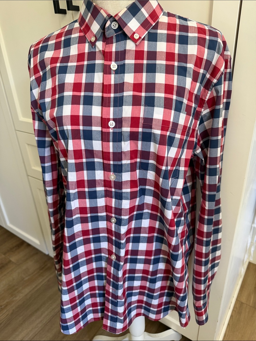 Mens Banana Republic Red Blue Plaid Button-Down tech stretch cotton Shirt large